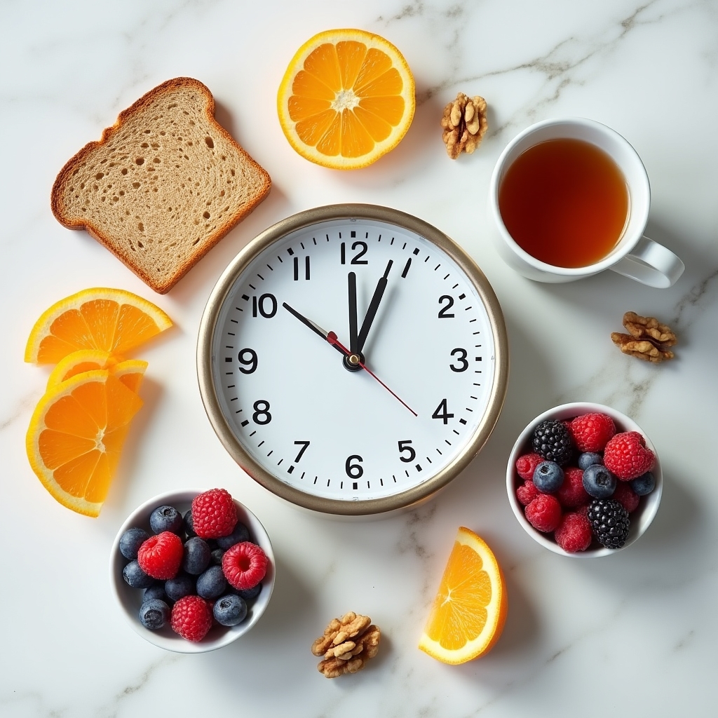 Clock surrounded by healthy food items representing the relationship between circadian rhythm and meal timing