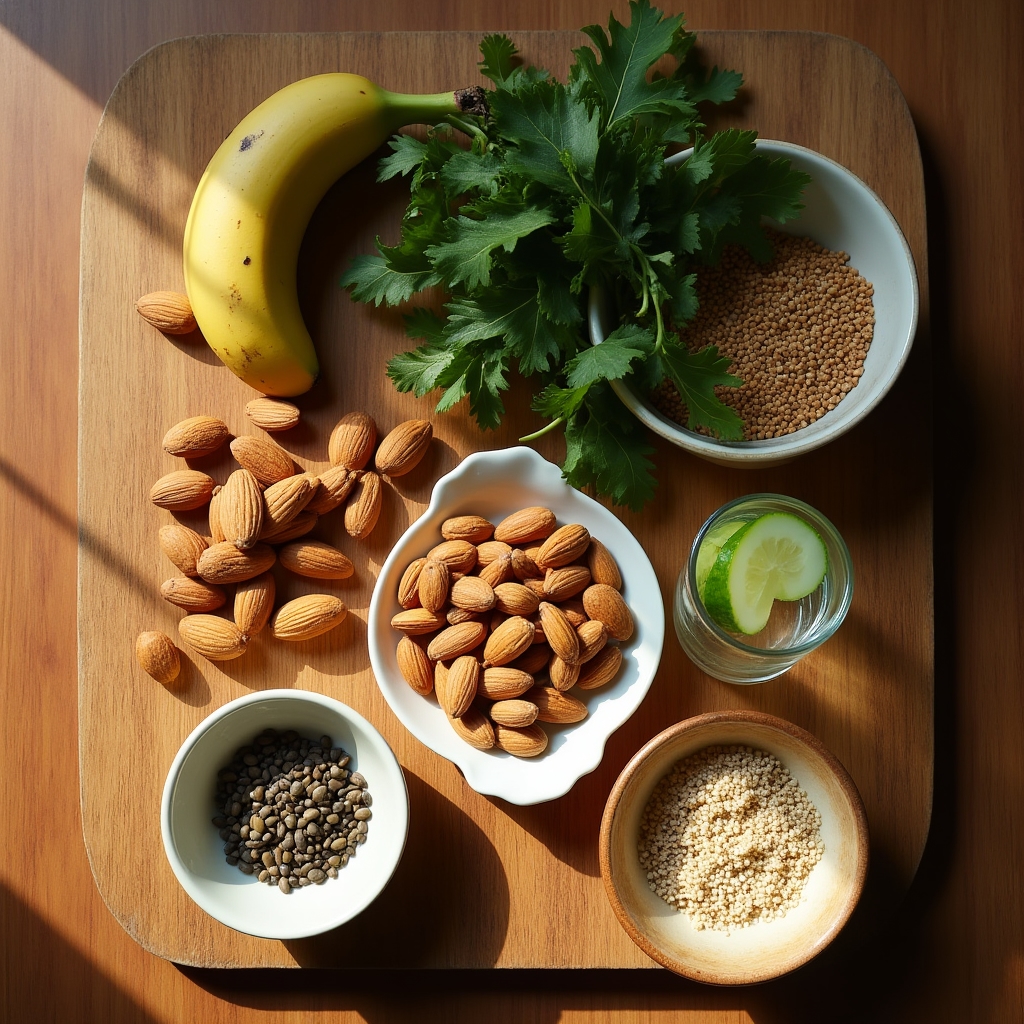 Array of recovery-supporting foods including nuts, leafy greens, and whole grains on a wooden surface