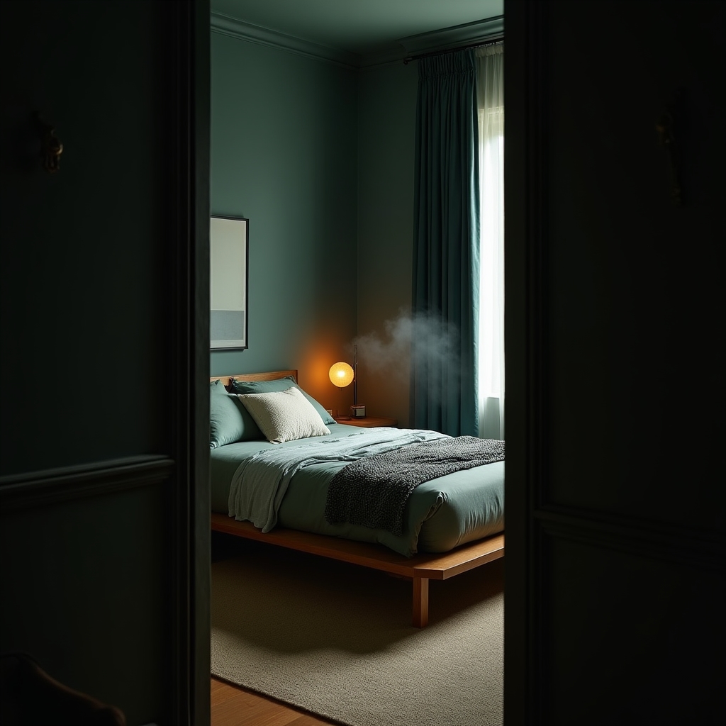 Calm, dim-lit bedroom environment optimized for quality sleep and physical recovery