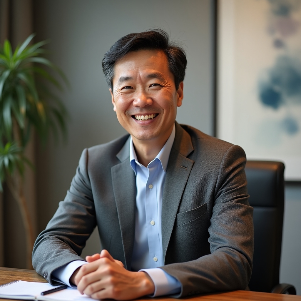 Daniel Park, nutritionist with a warm smile reviewing notes at a consultation table